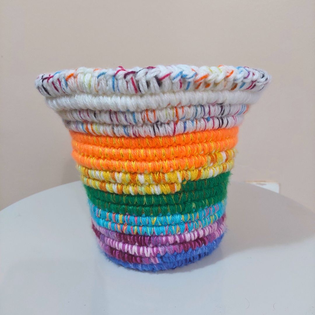 Handmade rainbow striped crochet plant pot cover